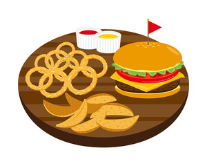 ハンバーガーとフライドポテトとオニオンリングのベクターイラスト　