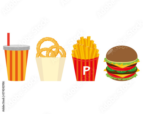 ハンバーガーとフライドポテトとオニオンリングのベクターイラスト Wall Mural Nisi