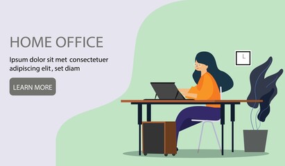 Web page template with young woman working at home. Freelance, work at home, online job and home office concept. Vector illustration in flat style for poster, banner and website development.
