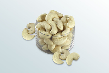 Set of delicious cashew nuts in the glass bowl, grain with salt ready to eat, Selective focus, Roasted nuts, kaju, studio shot