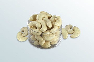 Set of delicious cashew nuts in the glass bowl, grain with salt ready to eat, Selective focus, Roasted nuts, kaju, studio shot