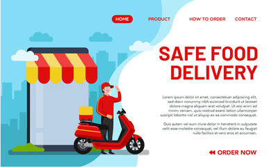 Safe food delivery concept for landing page. Illustration of a food delivery man who follows health rules
