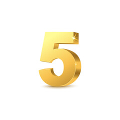 Golden 3d number five template realistic vector illustration isolated on white.