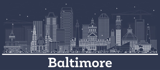 Obraz premium Outline Baltimore Maryland City Skyline with White Buildings.