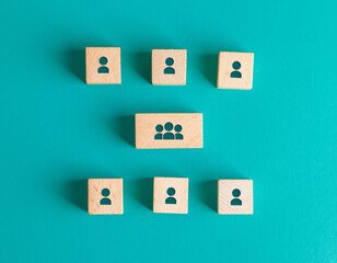 Management structure concept with people icons on wooden blocks on turquoise background flat lay.