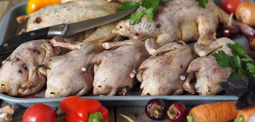 Opening of the autumn hunting season.Carcasses of wild ducks, plucked and washed, prepared for roasting with vegetables.
