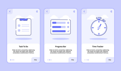 Task to do progress bar time tracker onboarding screen for mobile apps template banner page UI with three variations modern flat outline style