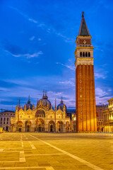 Piazza San Marco in Venice with the bell tower and the cathedral at night