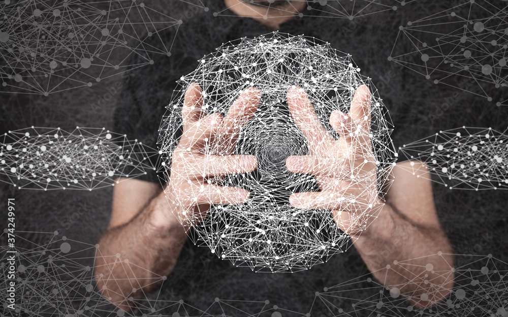 Wall mural man touching data network with his fingers.