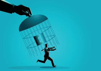 Giant hand capturing a running businessman with birdcage
