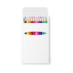 Color pencils in blank package realistic mockup vector illustration isolated.