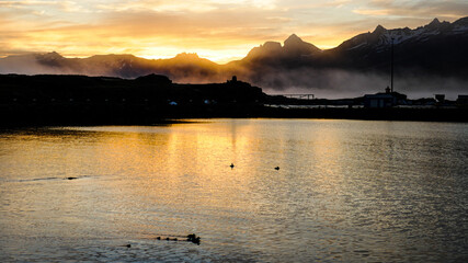 small harbor at sunset