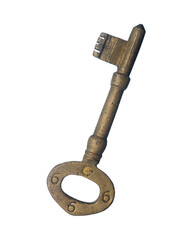 antique golden door key isolated on white background.  close up