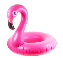 Gardinen Beach flamingo. Pink pool inflatable flamingo for summer beach isolated on white background. Trendy summer concept. © Maksym
