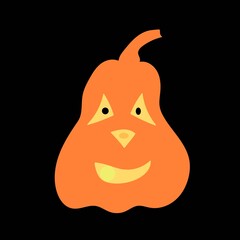 An isolated orange pumpkin with glowing creepy eyes and a smile on an black background.