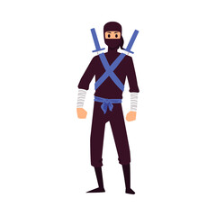 NInja fighter in black mask with swords flat vector illustration isolated.