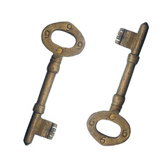 antique golden door key isolated on white background.  close up