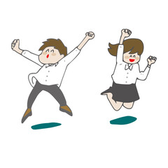 ジャンプするスーツの男女