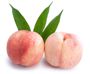 Fresh White Peach on White Background, Peach fruit with leaf isolated on white background, (With clipping path)