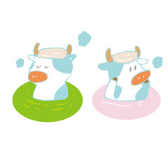 入浴する牛　丑　新年　2匹