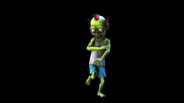 Seamless animation of a zombie dancing hiphop isolated with alpha channel. Funny cartoon character for Halloween background.