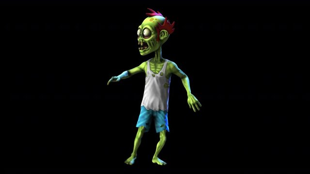 Seamless animation of a zombie dancing salsa isolated with alpha channel. Funny cartoon character for Halloween background.
