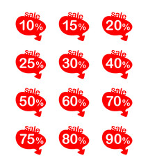 Sales tag set - markers with red arrow down in ribbon form and different percentage - 10, 15, 20, 25, 30, 50, 60, 75, 80 and 90