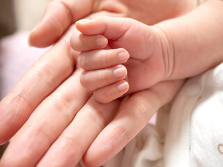 新生児の赤ちゃんと母の手のボディパーツ