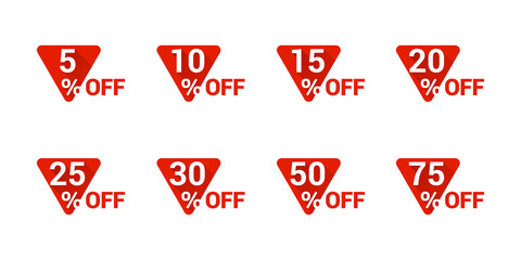 Sale tag set in arrow down form with arrow down and different percentage - 5, 10, 15, 20, 25, 30 50 and 75 - vector elements
