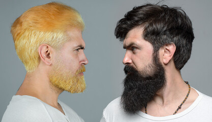 Mens set portrait. Profile closeup of serious man has beard and mustache, looks seriously, isolated. Hipster sexy guy, men expression looking. Colored hair. Male beard and mustache. Brunette vs blond.