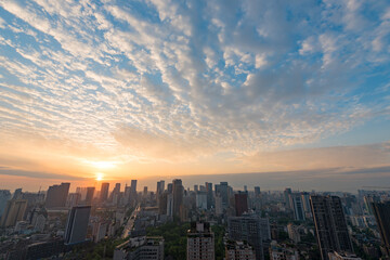 Obraz premium Chengdu, Sichuan Province, China - Apr 28, 2017: Skyline of the city at sunrise