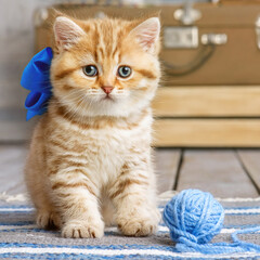 Cute kitten playing with balls of yarn