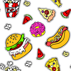 Junk food burgers and hot dogs seamless pattern