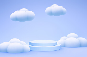 Abstract pastel blue background with podium, product display stand and clouds
