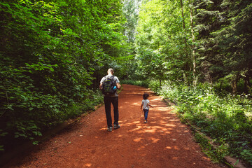 Obraz premium Father wearing a backpack and son holding a cane hiking together on a path in the forest, Istanbul, Turkey