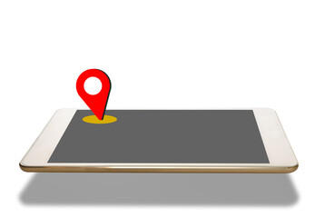 Red global positioning pin on blank computer tablet screen on white background. Smart technology concept and artificial intelligence idea