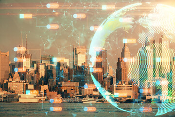 Map and data theme hologram on city view with skyscrapers background double exposure. International technology in business concept.