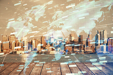 Data theme hologram drawing on city view with skyscrapers background double exposure. Technology concept.