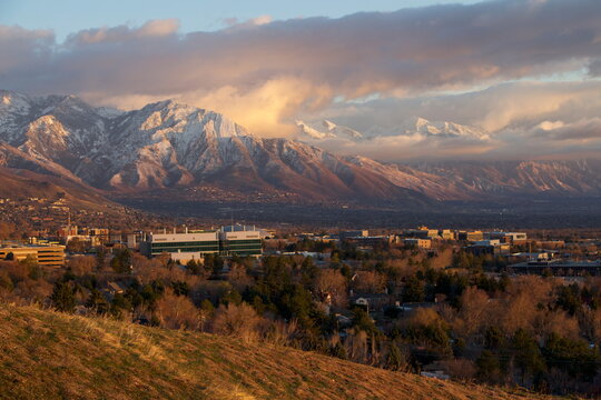 Salt Lake City in winter and Mount Olympus with interesting sunset clouds