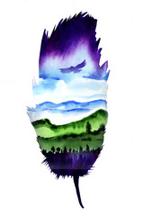 Watercolor drawing feather birds. Double exposure with landscape.