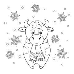 Coloring page with cute spotted bull in scarf and snowflakes. Black elements on a white background. Vector design template for kids coloring book, poster, banner, print. Entertainment and recreation