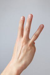 Man hand shows the number three. Countdown gesture or sign. Sign language.