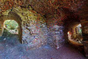 Vaulted interior space in stone and brick. Ancient ruins Royal Monastery of Santa María de...