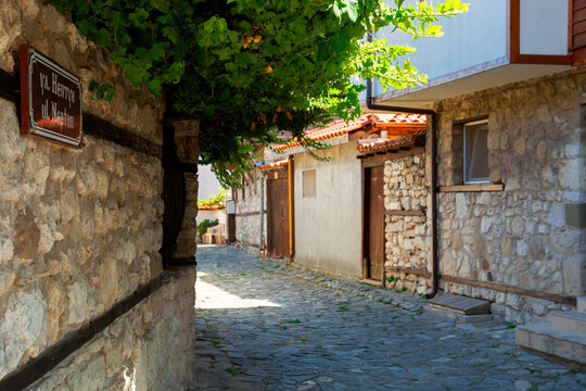 nessebar, bulgaria - SEP 02, 2019: street of the old town. popular destination. rustic architectural background