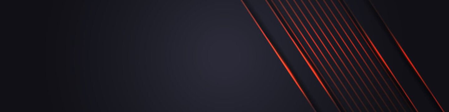 Dark Wide Abstract Banner. Abstract Dark Grey Background With Orange Light Line On Blank Space. Dark Futuristic Luxury Modern Technology Background.