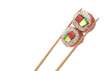 showcase product presentation roll sandwich between two sticks for sushi 3d render on white
