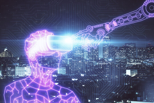 Double exposure of AR people drawing and cityscape background. Concept of augmented reality.