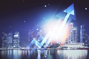 Fototapeta premium Double exposure of arrows growing up hologram and cityscape background. Concept of success.