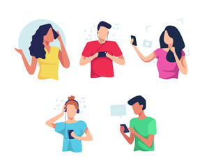 Fototapeta premium People using smartphones flat vector illustration set
