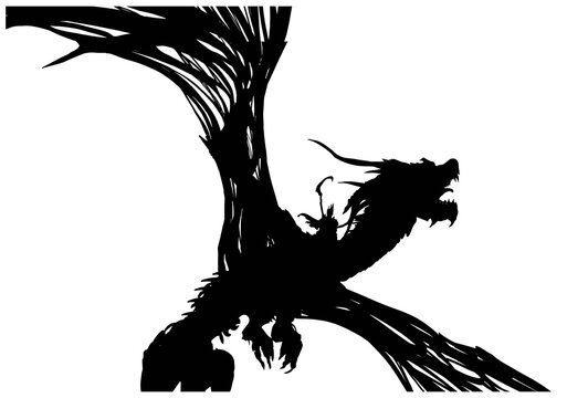 The silhouette of a dead dragon with huge wings, horns sticking out sharp bones of the spine, on its back a rider with a scythe.  2D illustration
